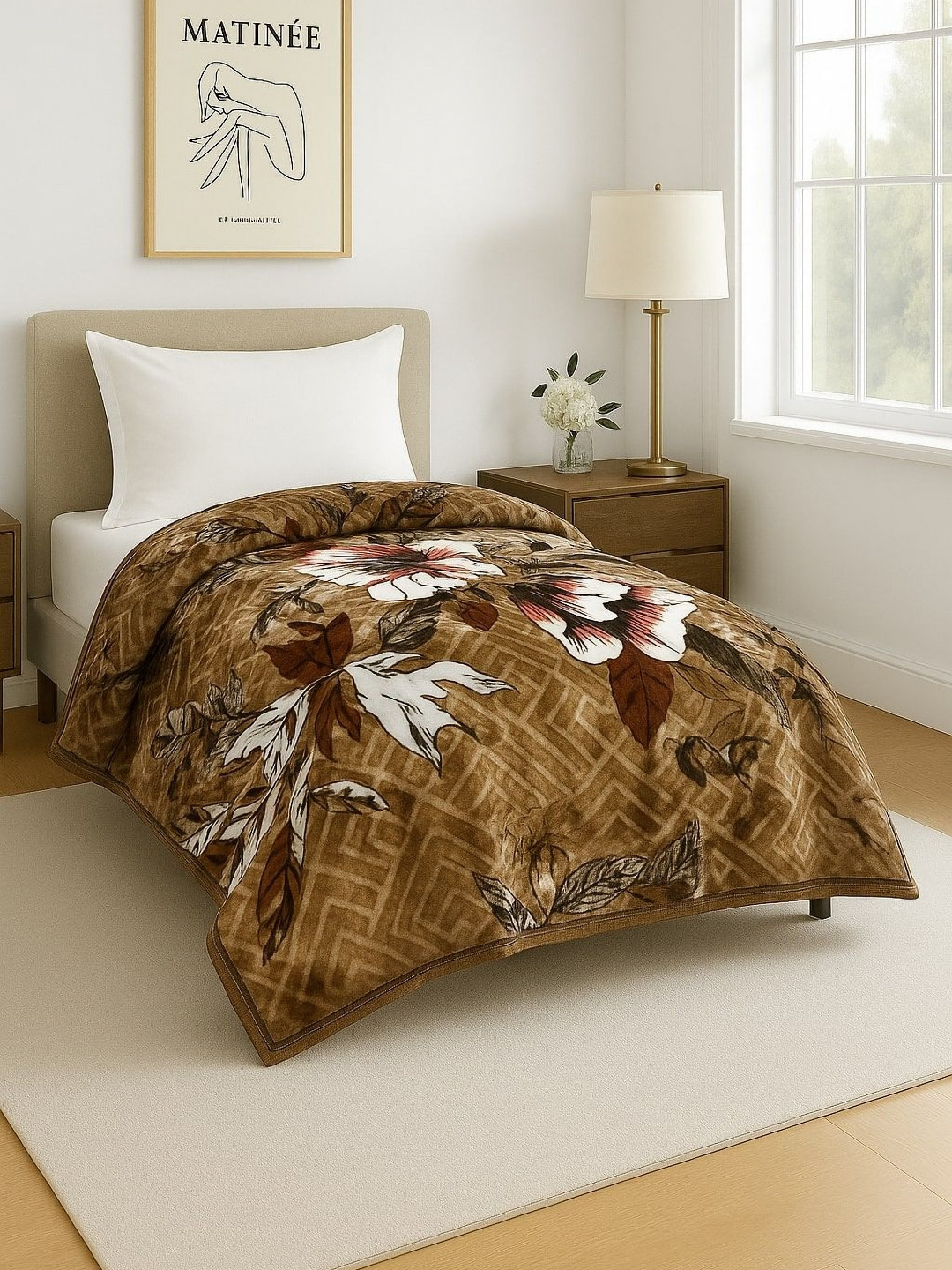 Aura Blue Lilly Brown & White Floral Mink Mild Winter 500 GSM Single Bed Blanket