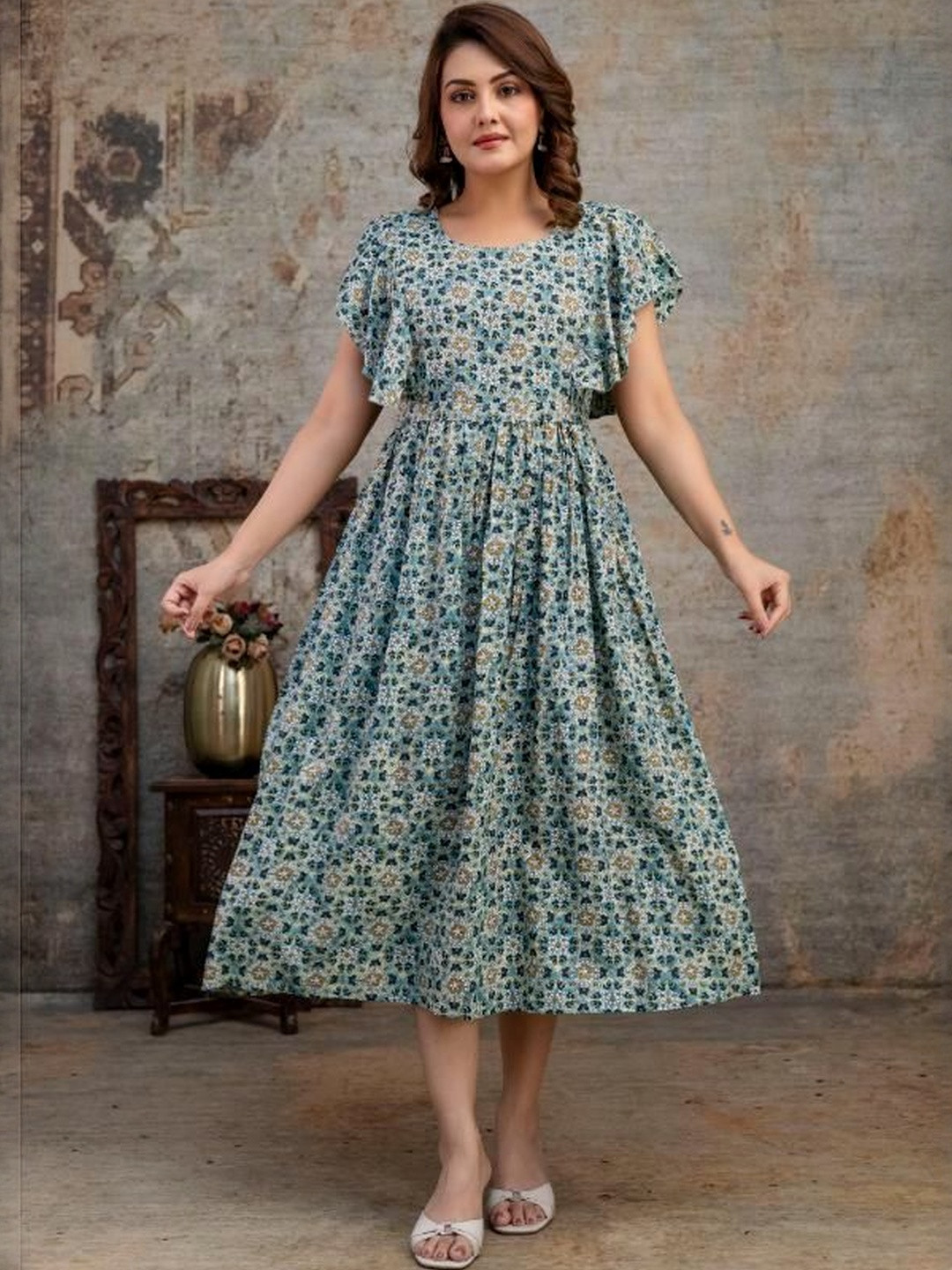 Henal Women Grey Round Neck Fit and Flare Casual Cotton Maternity Dress