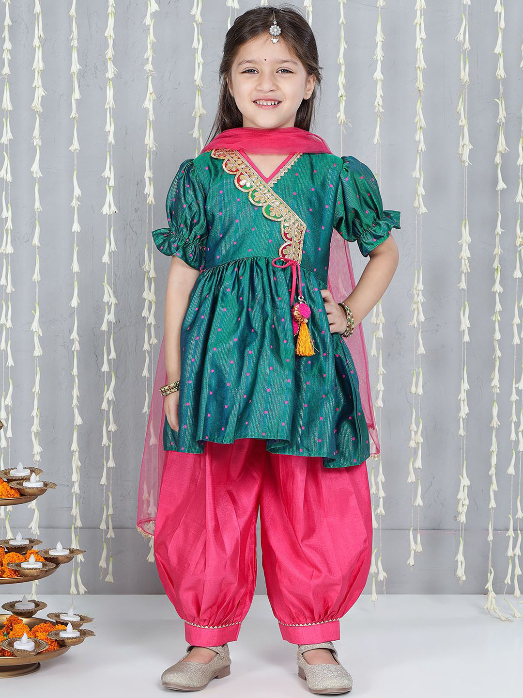 KID1 Girls Silk Blend Angrakha Top with Salwar & With Dupatta Kurta Sets