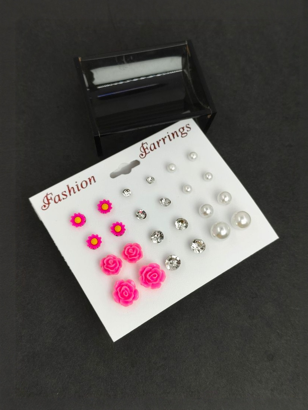 Shivarth Women Multi Colored 12 Pairs Crystal Pearl Rose Stud Earring