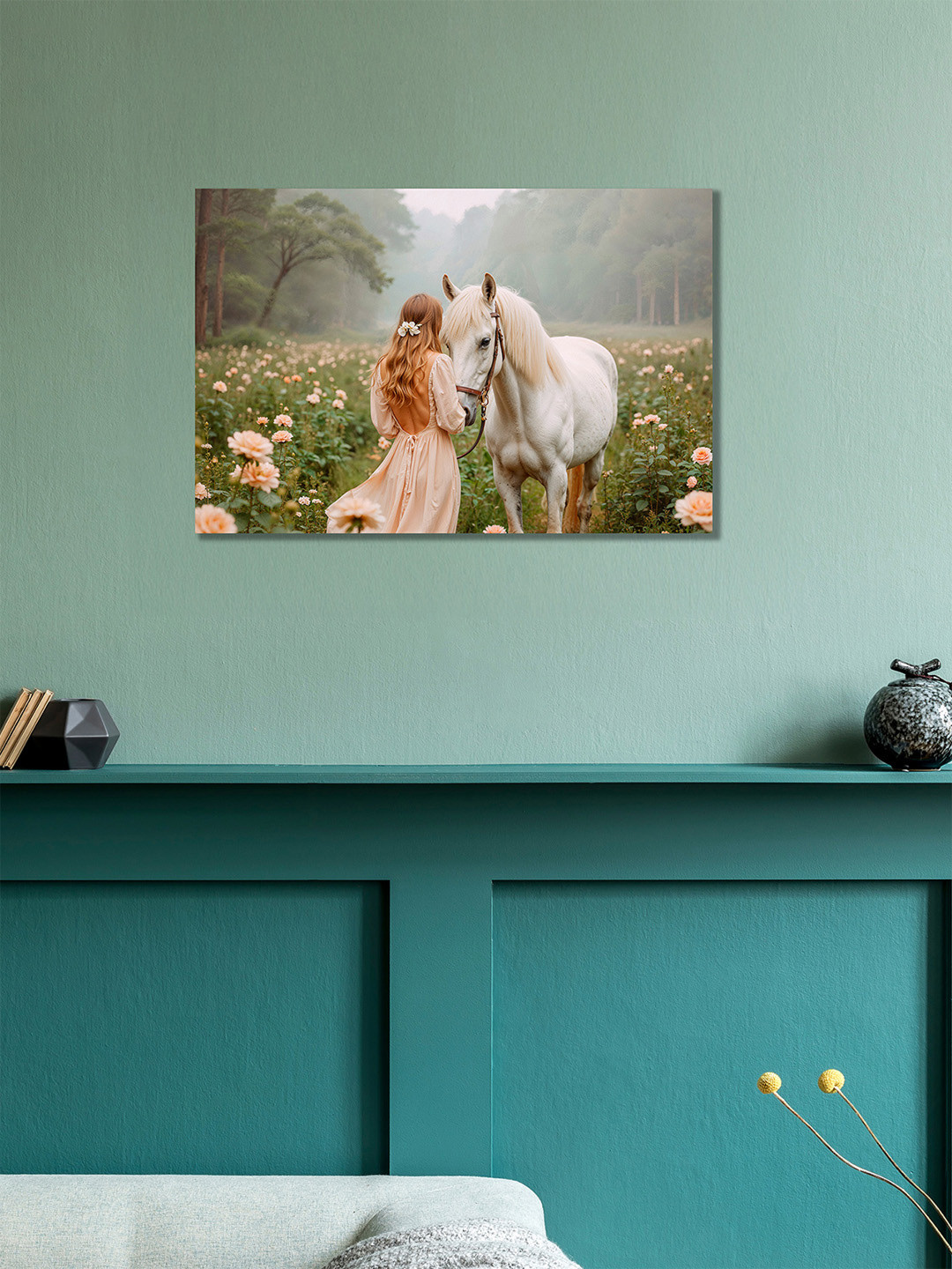 nestroots Soft Steps Wild Heart Green & White Horse & Women Printed Canvas Wall Art