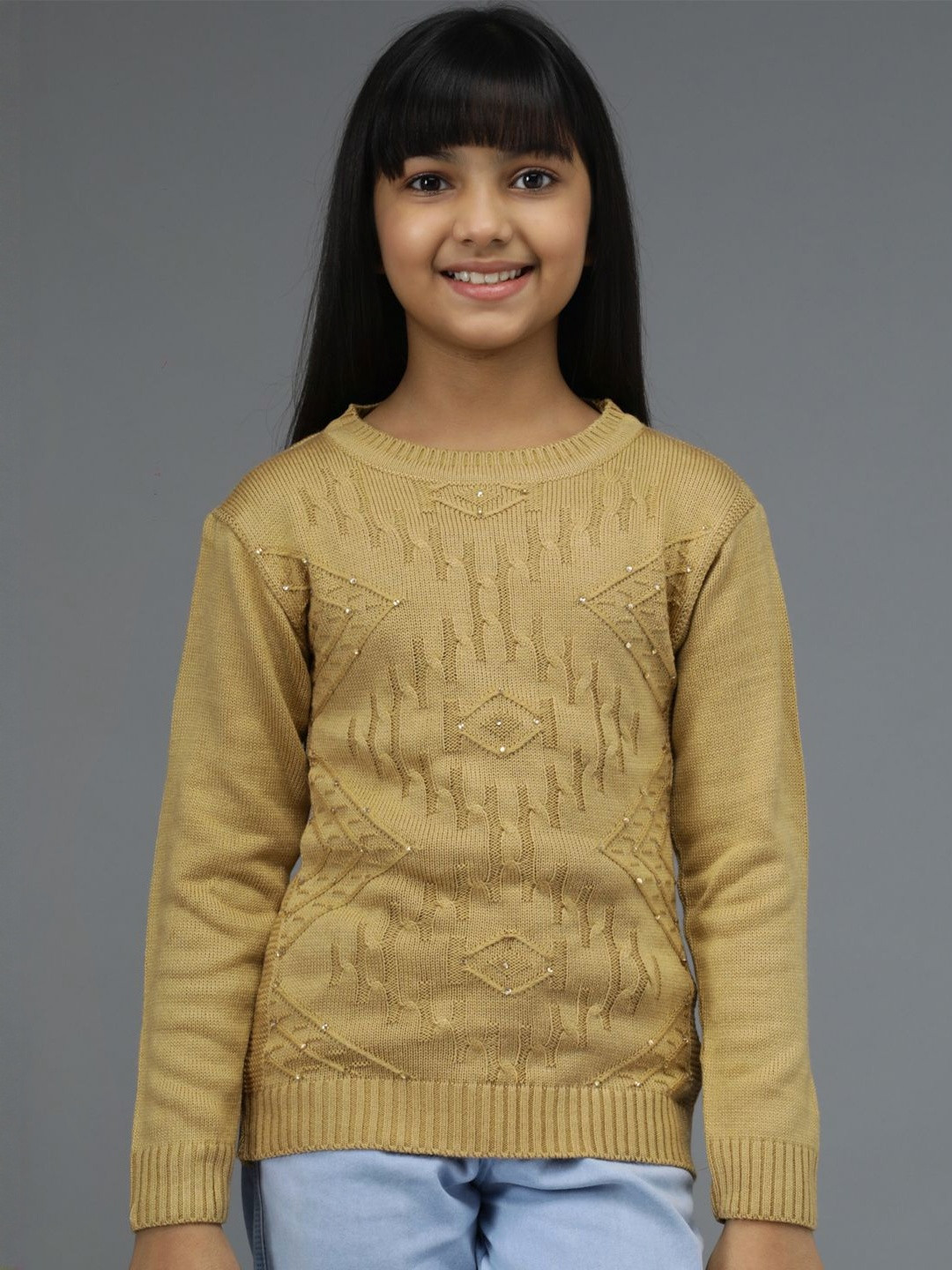 TRENDY WORLD Girls Beige Solid Wool Sweaters