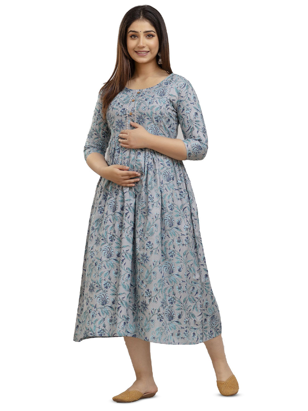 MAGHMA Women Ethnic Motifs Printed Maternity Cotton Fit & Flare Midi Dress