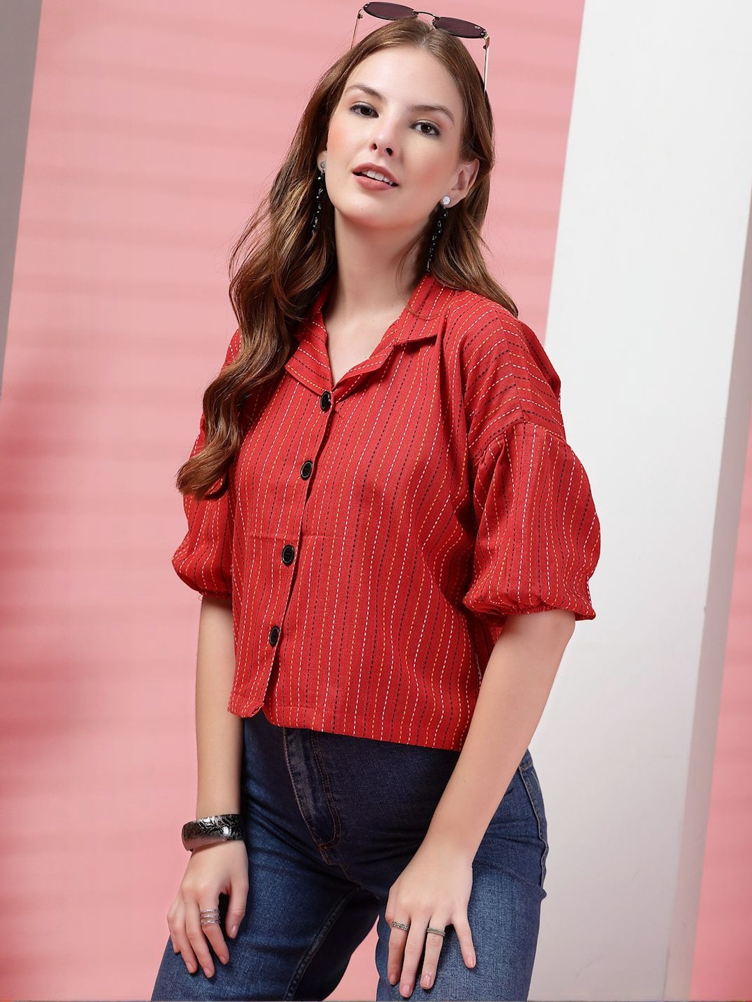 Tzelynn Women Pack Of 2 Striped Puff Sleeves Drop Shoulder Crop Shirts