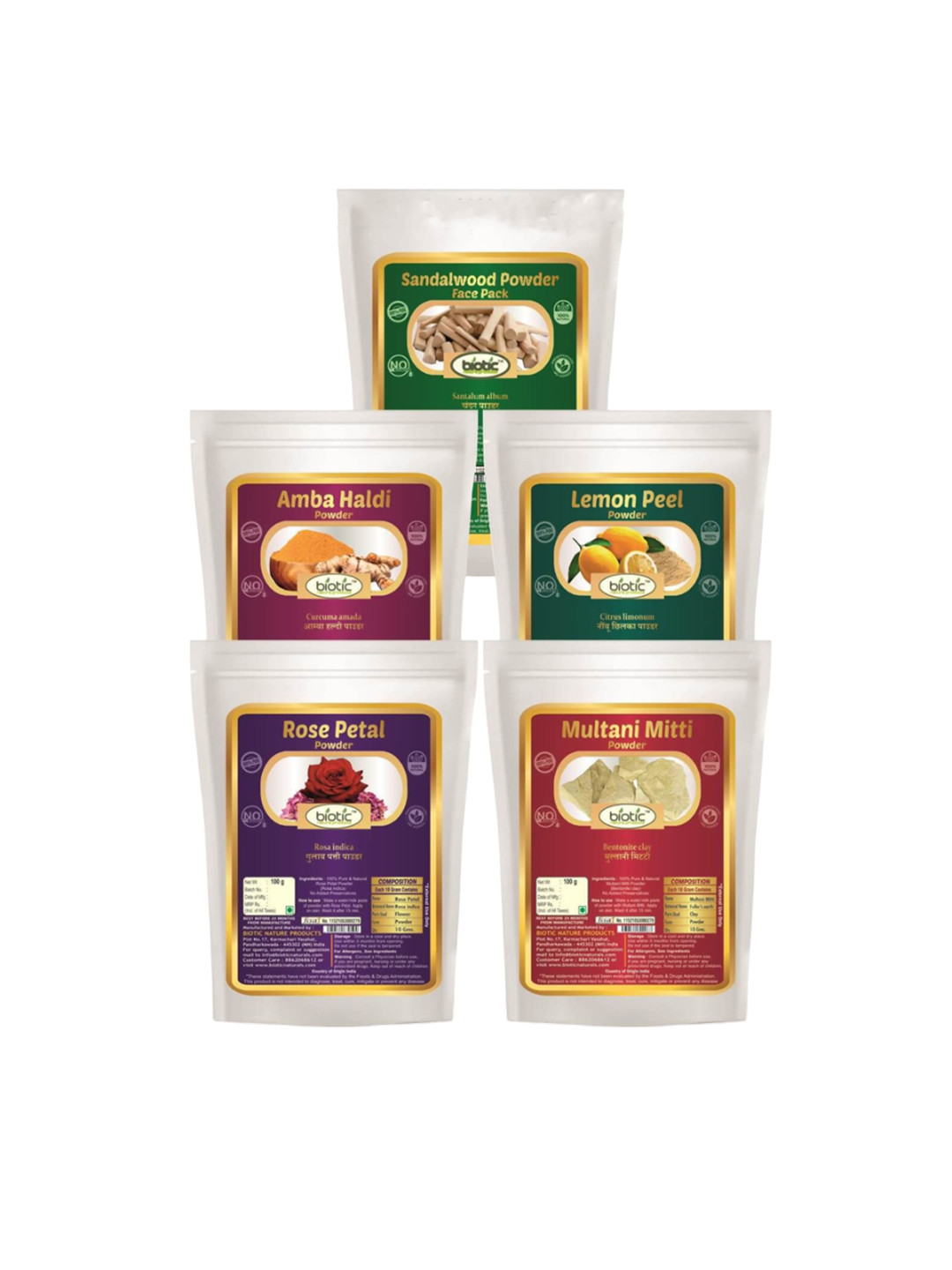 Biotic Set Of 5 Sandalwood- Amba Haldi- Lemon- Rose Petal- Multani Mitti Powder Face Pack