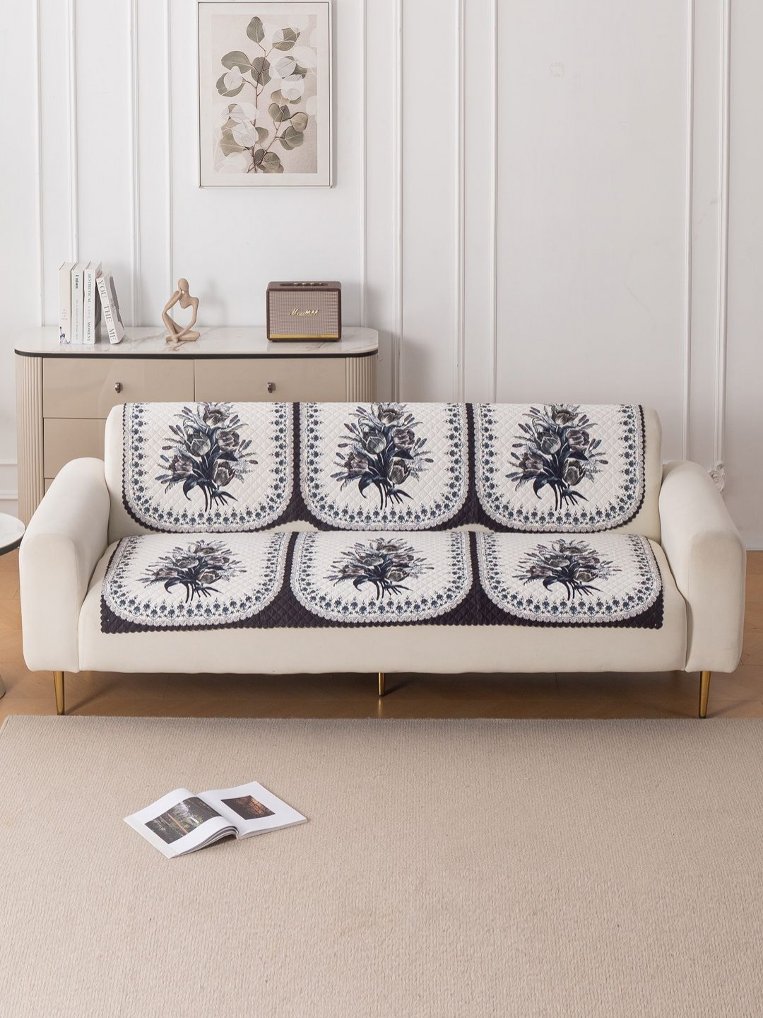 HOKIPO Midnight Bloom LoomVerse White & Blue 2 Pieces Printed 3 Seater Sofa Covers