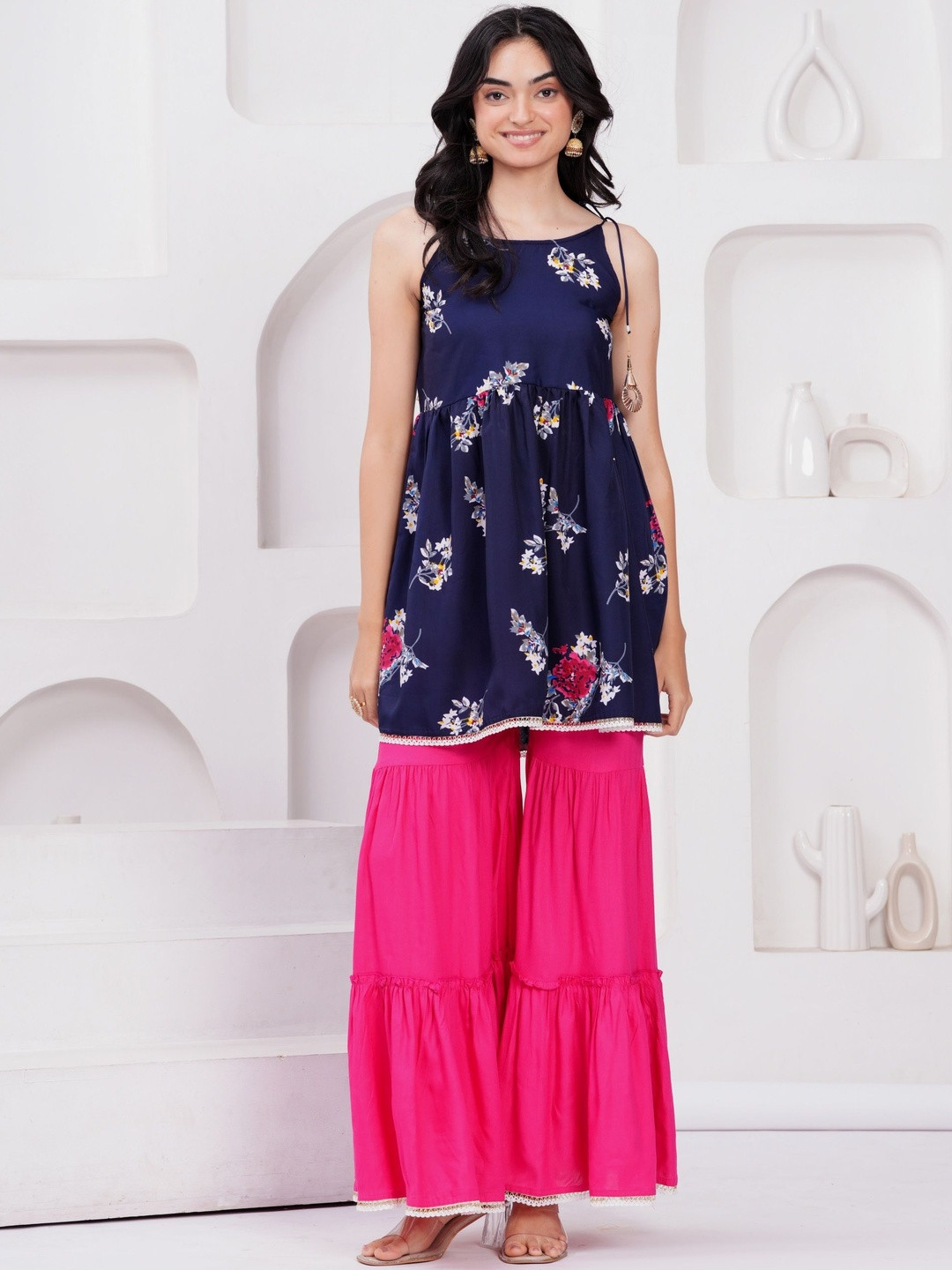 Jyoti Women Floral Printed Shoulder Straps Kurti with Sharara & Dupatta