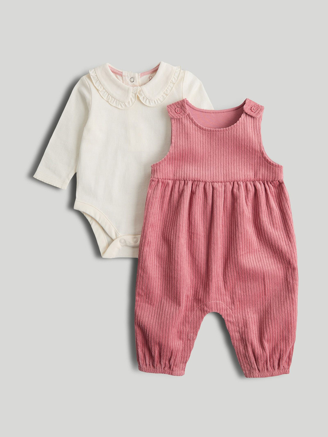 mothercare Girls Striped Ankle Length Pure Cotton Dungarees With T-shirt