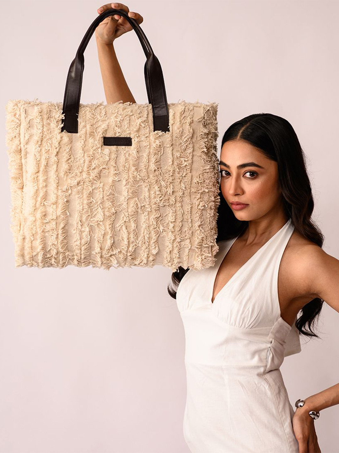 earthbags Textured Structured Tote Bag with Fringed