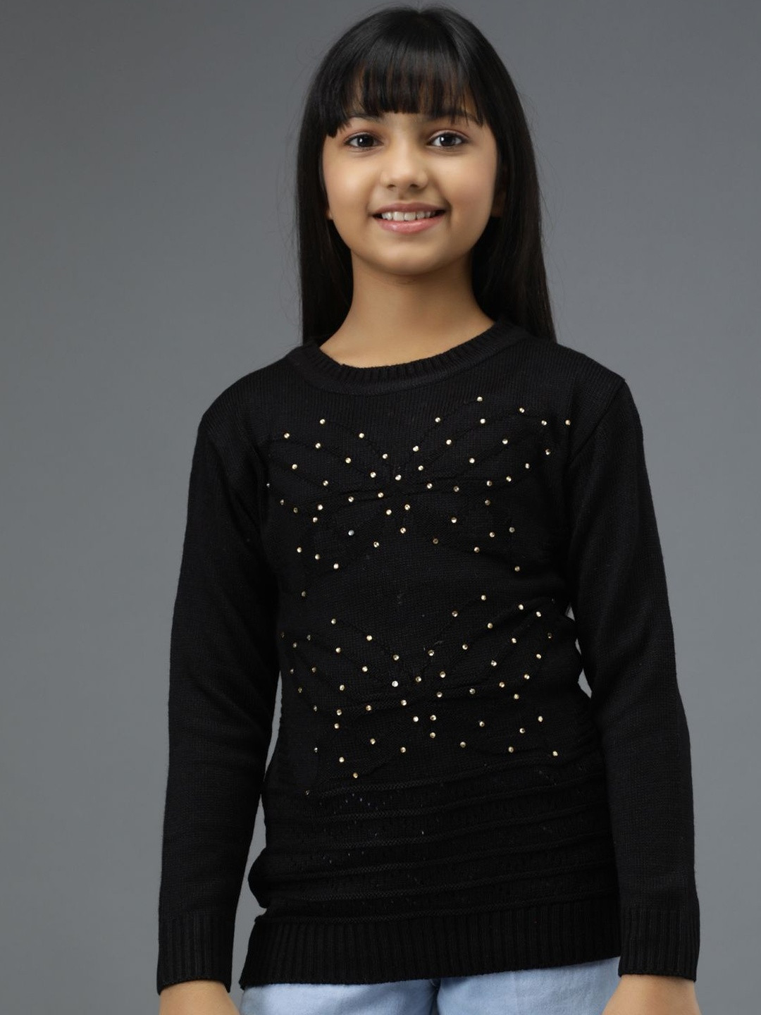 TRENDY WORLD Girls Woollen Round Neck Pullover Sweaters with Embellished Detail
