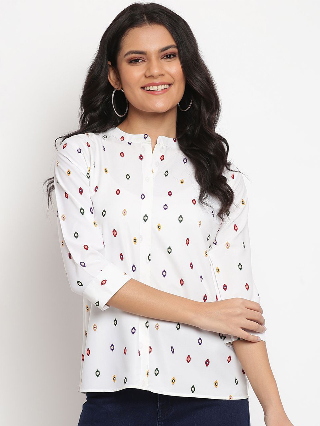Aumira Women Geometric Print High Neck Crepe Top