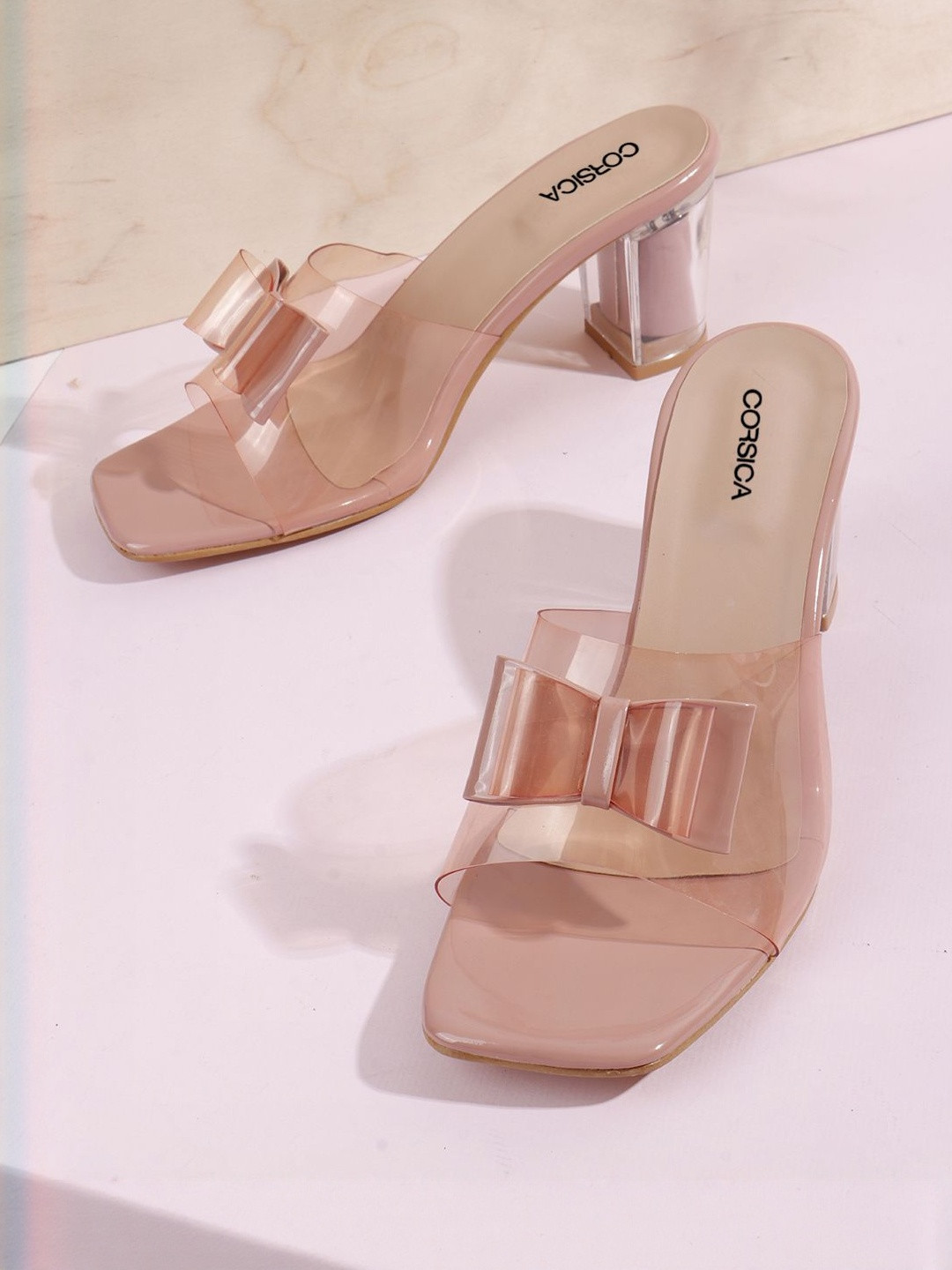 CORSICA Women Nude Open Back Square Toe Solid Synthetic Party Heels