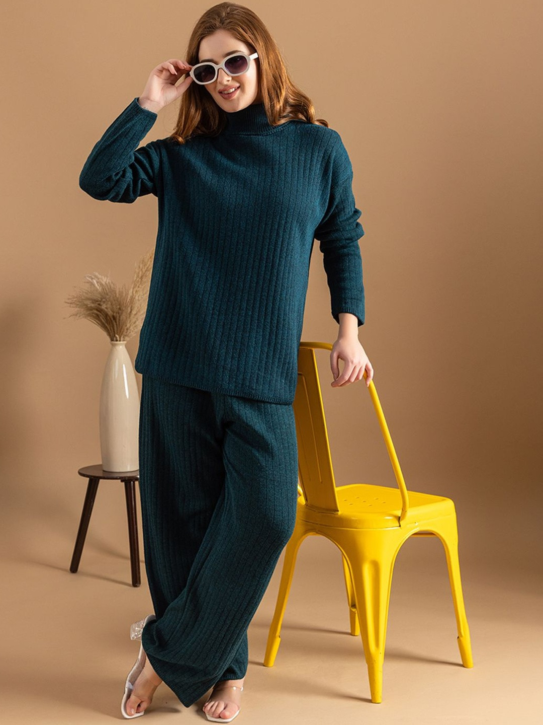 Roadster Women Teal Woolen Scoop Neck Long Sleeves Ribbed Knit Winter Co-Ords Set