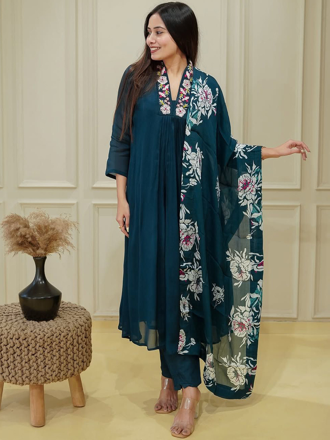 CANIZZARO Floral Yoke Design Pleated Thread Work A-Line Kurta With Trousers & Dupatta