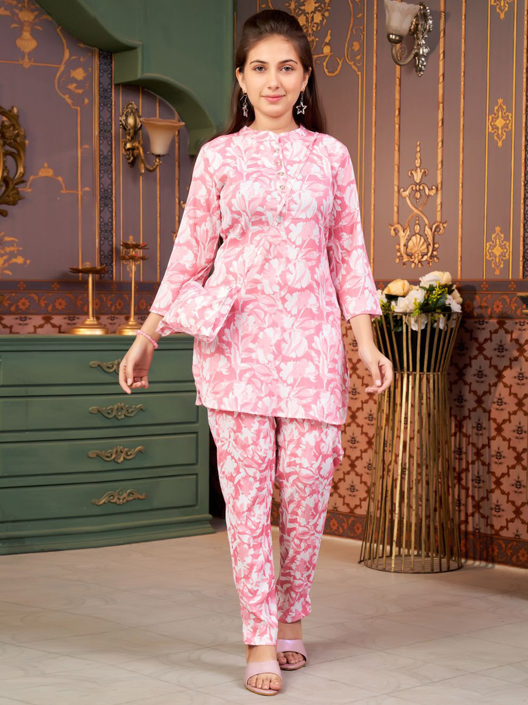 BAESD Girls Polyester Floral Print Kurta Pant Set