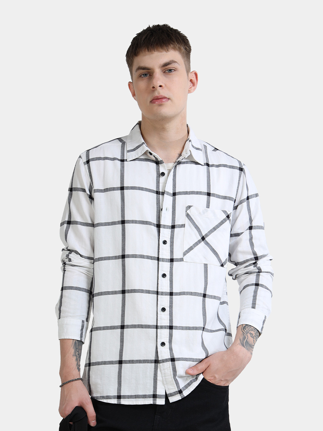StitchX Men's Long Sleeve Back-Side Printed Checkered Shirt White Powder