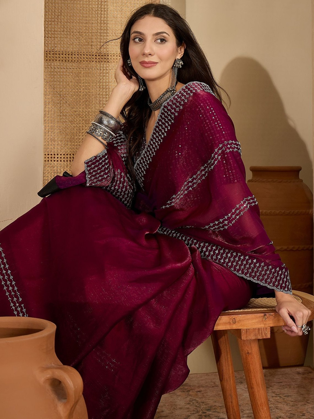 Sangria Embellished Beads & Stones Saree With Unstitched Blouse Piece