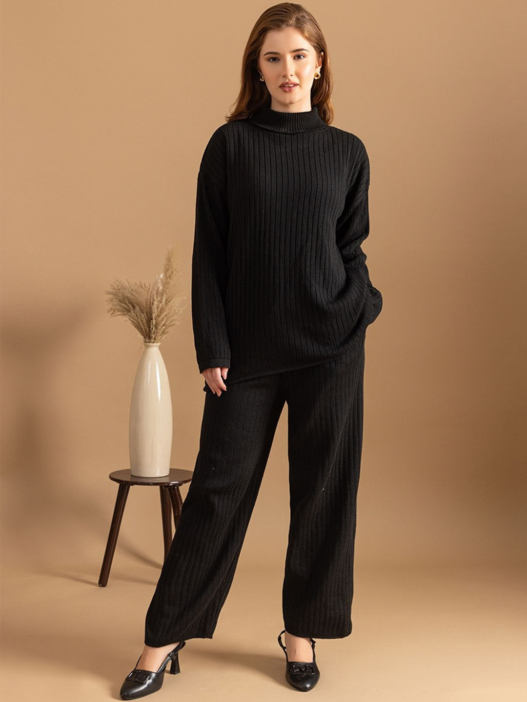 The Roadster Women Black Turtle Neck Ribbed Knit Acrylic Sweater & Wide-Leg Trouser Set