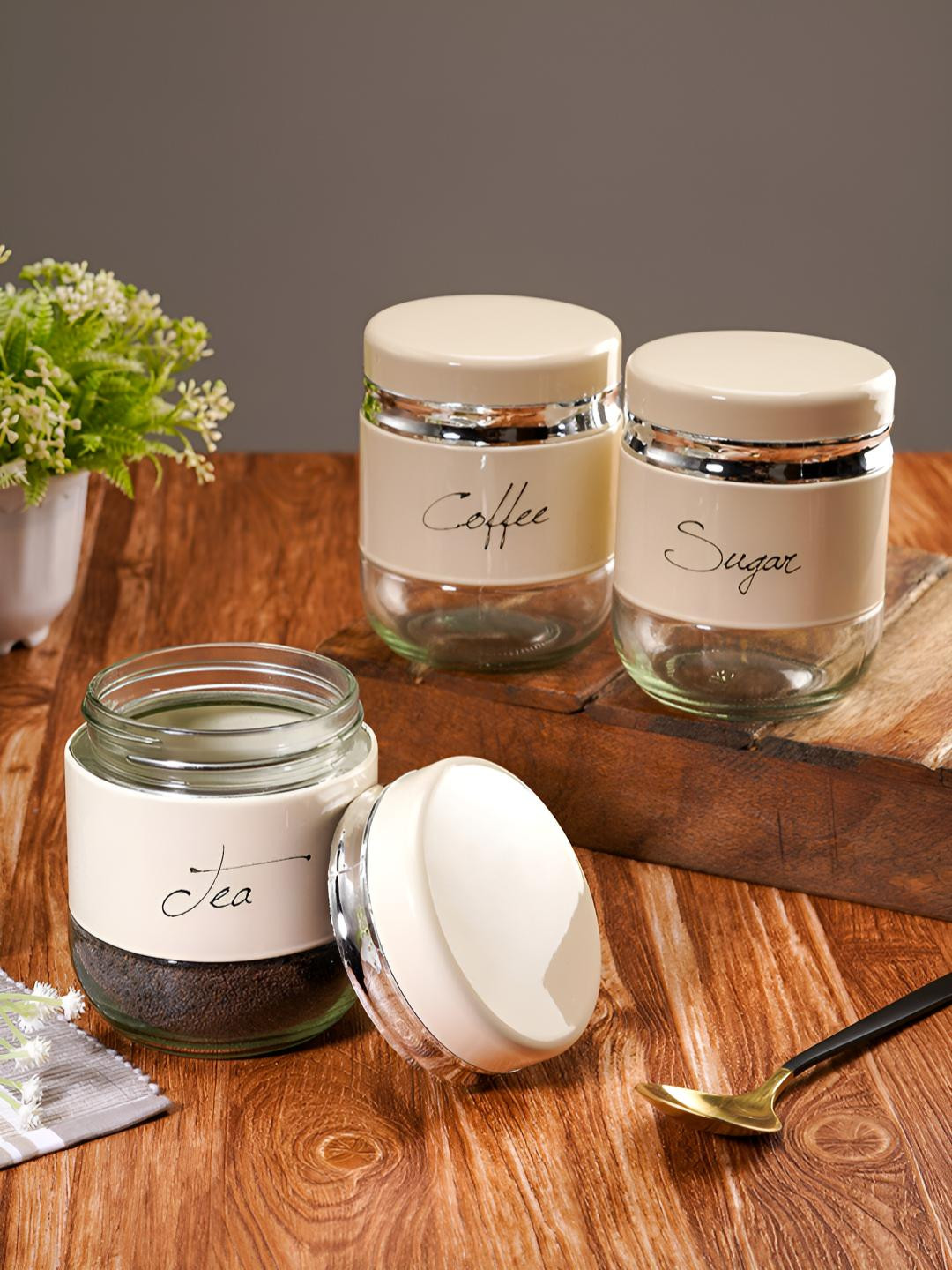 ceradeco Transparent & Cream Colored 3 Pieces Printed Glass Jar Containers 400ml