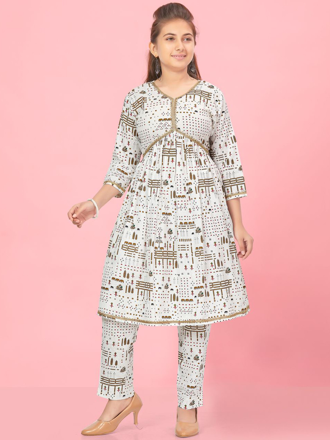 BAESD Girls Cream-Red Color V-Neck Cotton Flared A-Line Kurti Pant Set