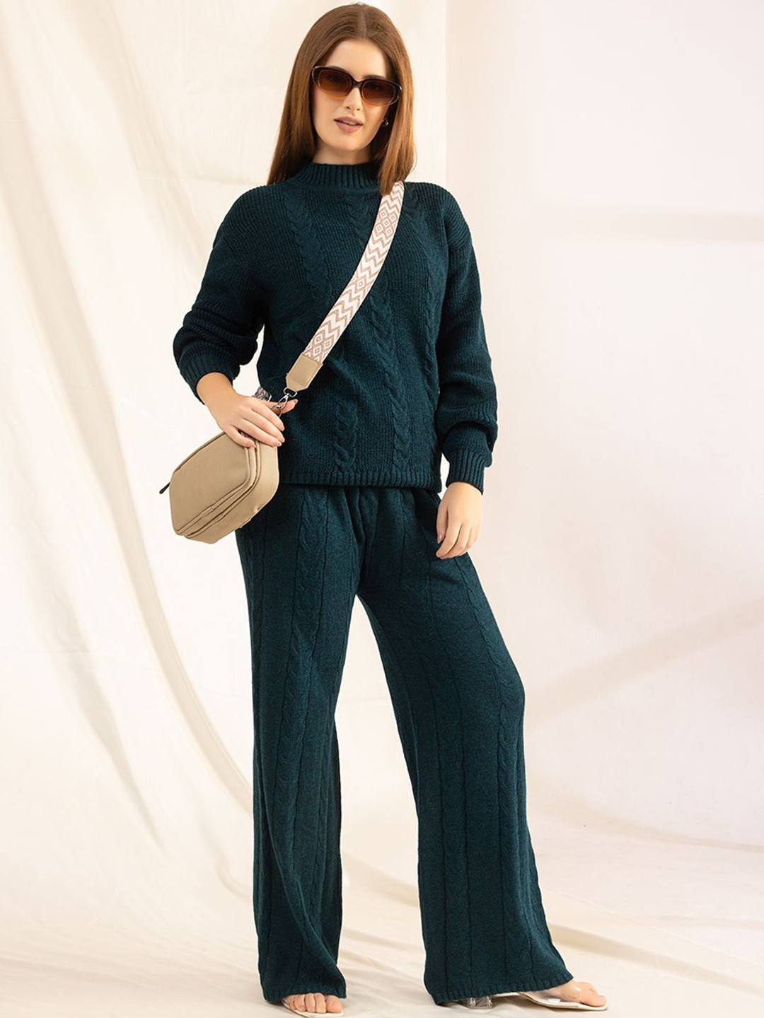 The Roadster Lifestyle Co Self Design Woolen Sweater & Wide-Leg Trousers Co-Ords