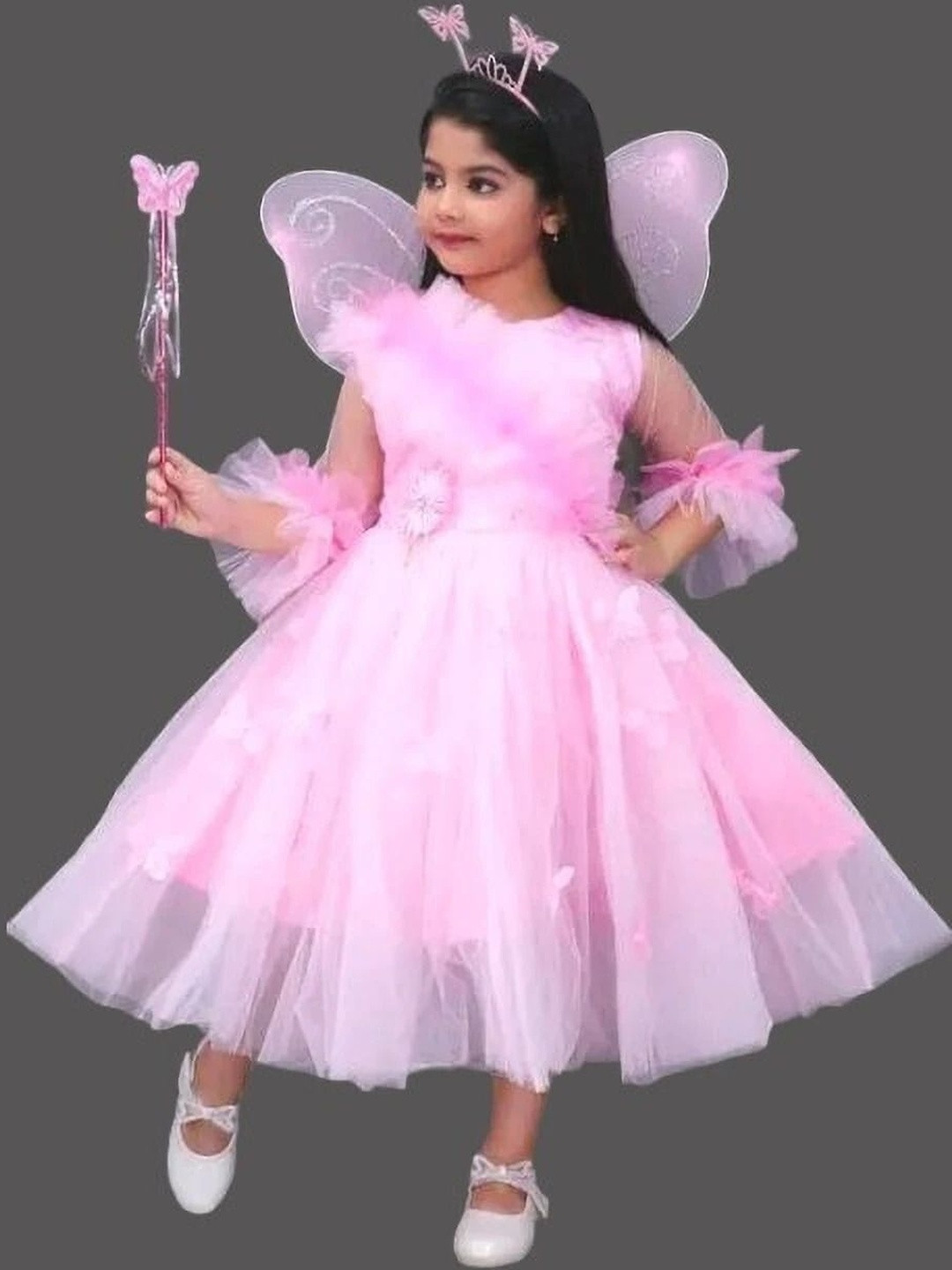 STUMBLE FASHION Girls Pink Round Neck Applique Embellished Net Fit & Flare Dress
