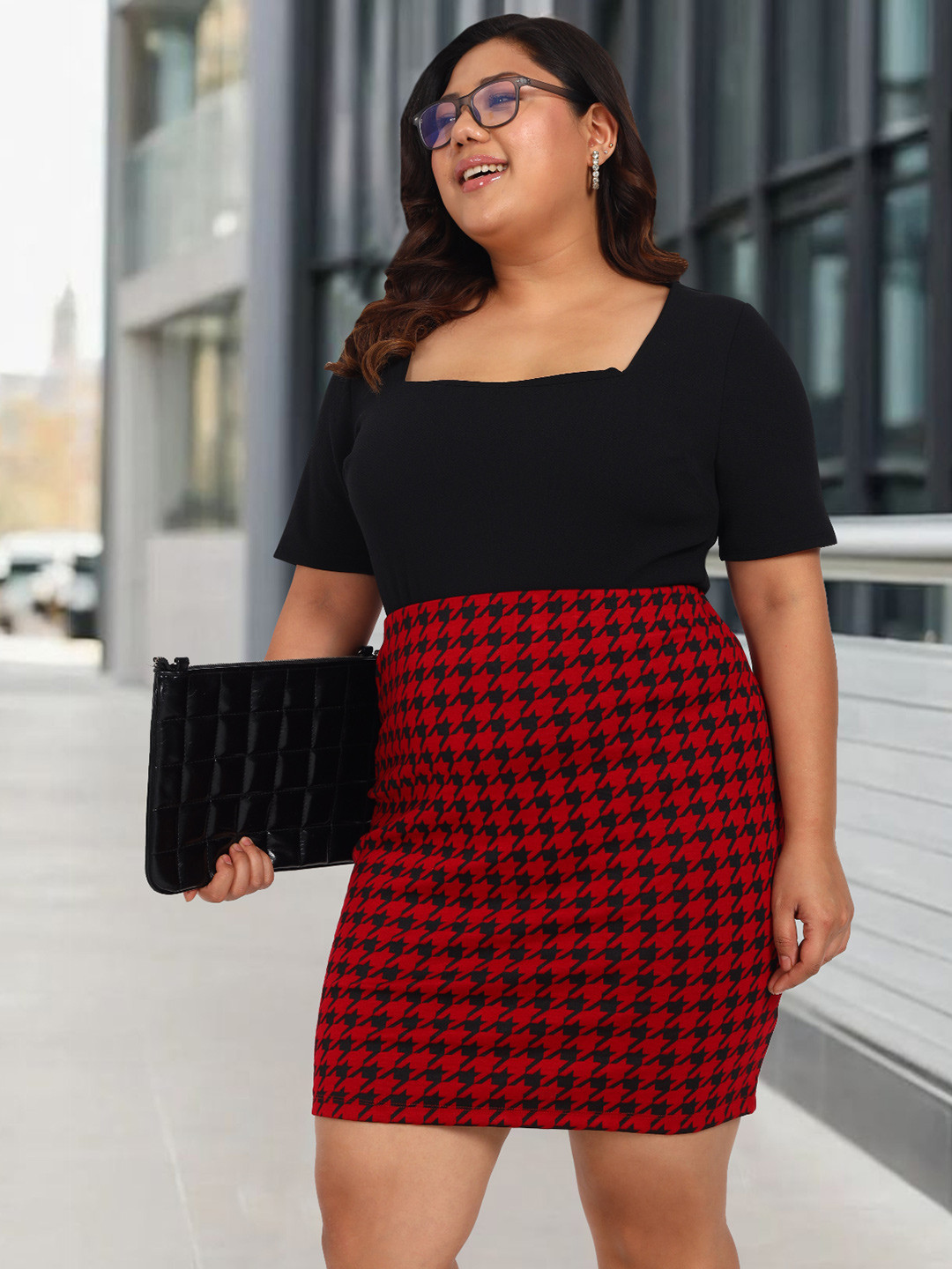 wild U Women Plus Size Houndstooth Stretch Short Skirt