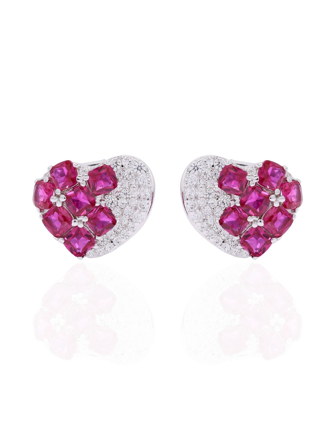 Twenty One Jewels Italian Pave Setting Curvy Heart Bella Stud with Sugar Loaf Rubies