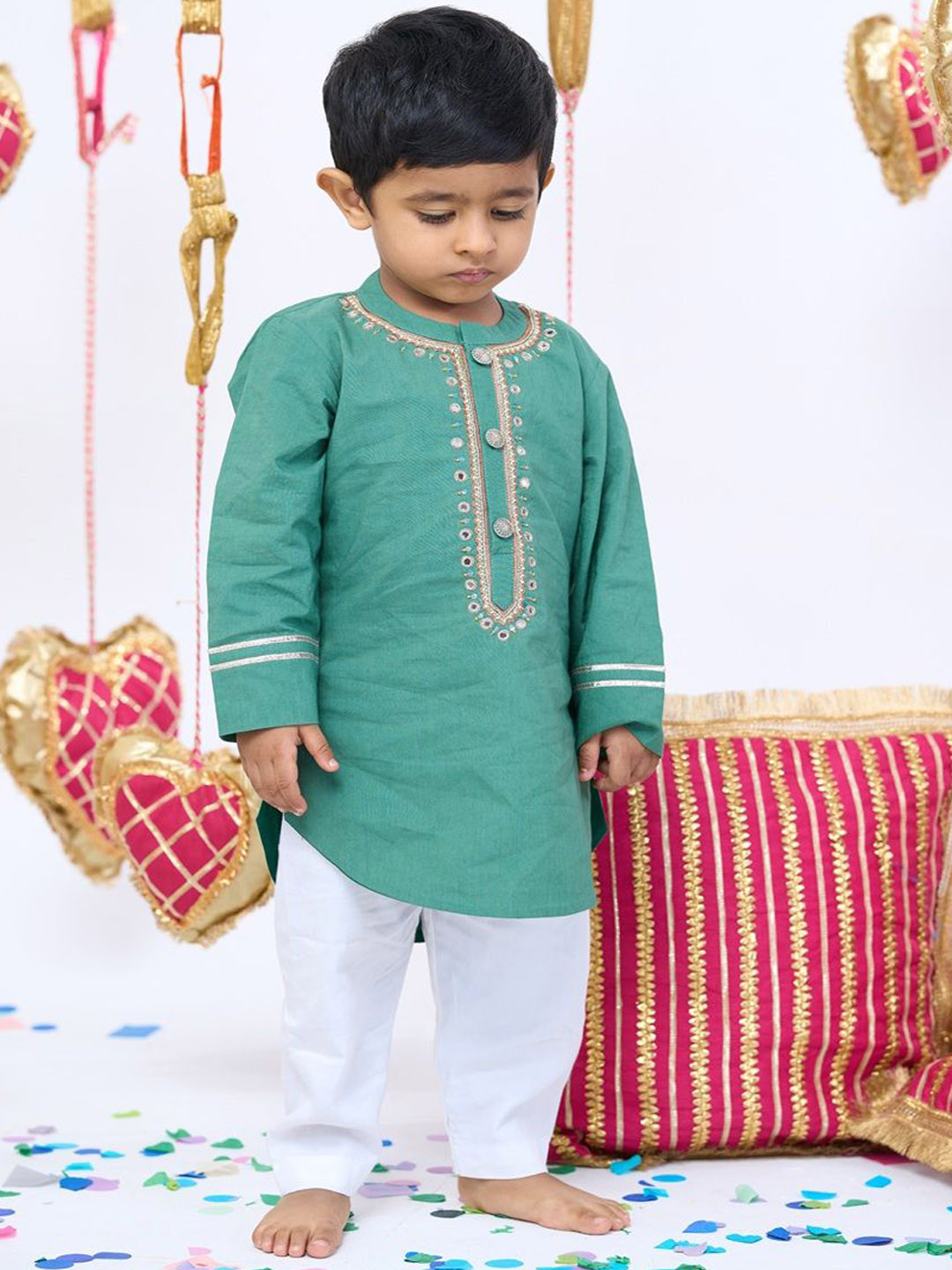Vivedkids Boys Green Handwork Intricate Embroidery Pure Cotton Straight Kurta Set