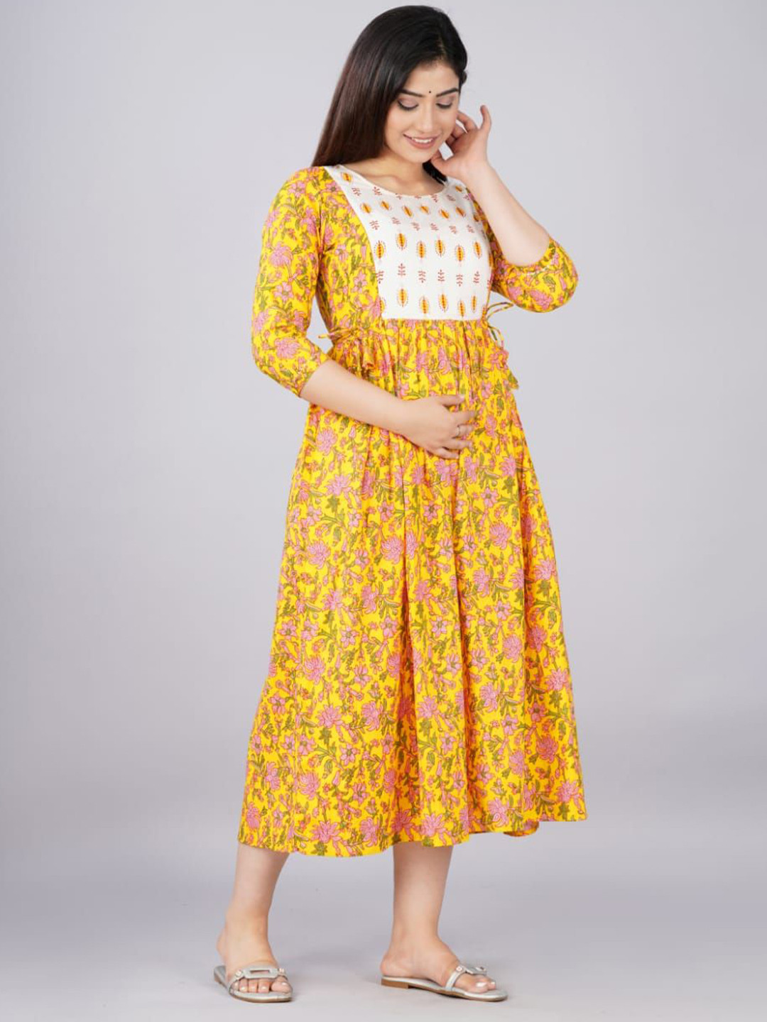 MAGHMA Floral Printed Cotton Maternity Fit & Flare Midi Dress