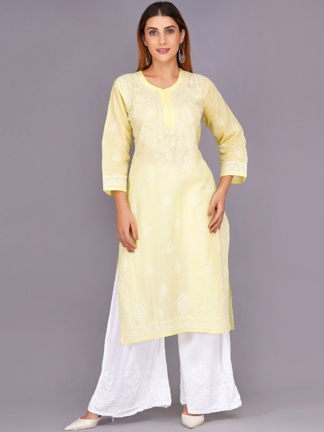 MRS RIGHT Women Ethnic Motifs Embroidered Regular Chikankari Pure Cotton Kurta with Palazzos