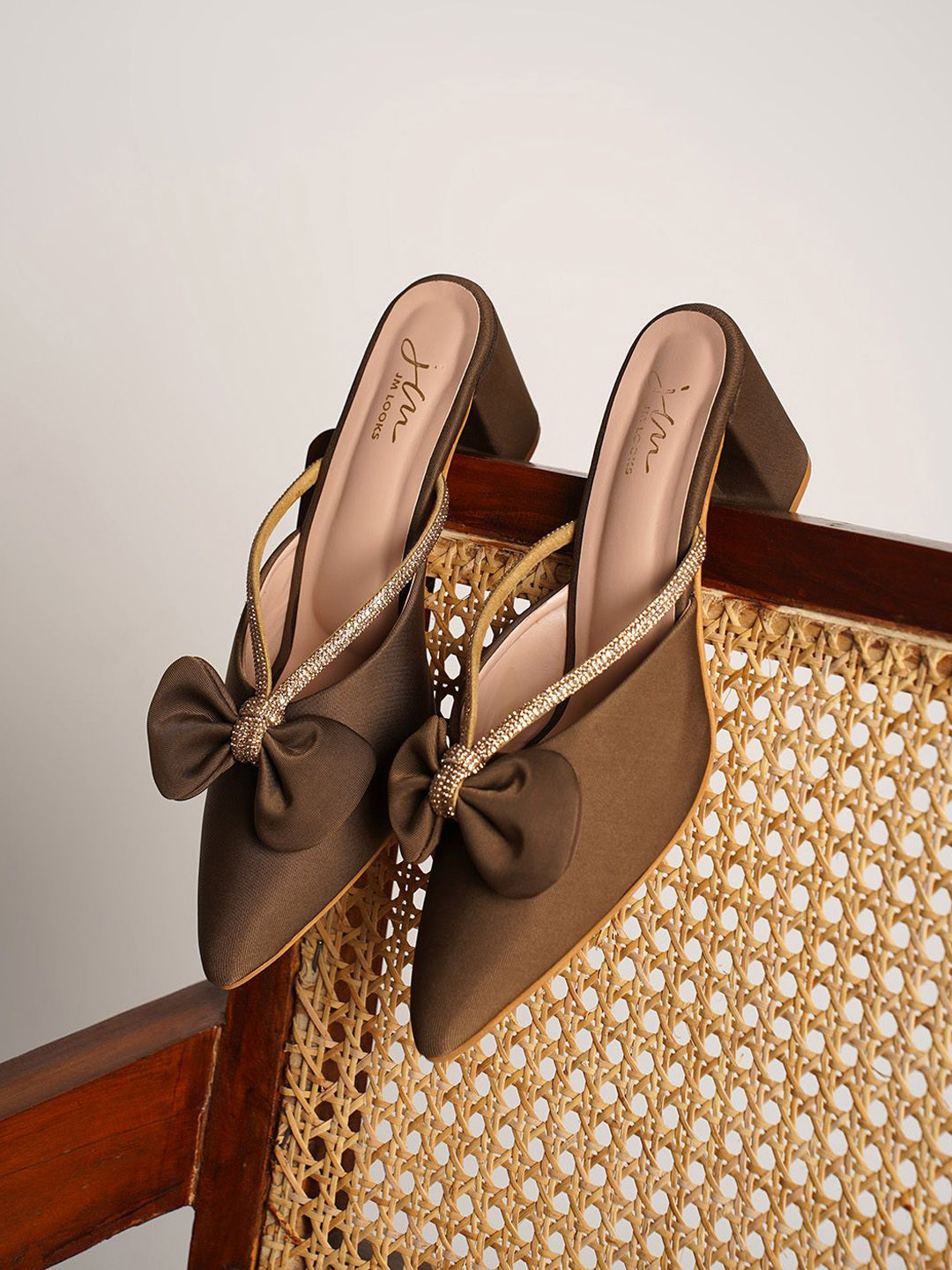 JM Looks Women Elegant Block Heel Mules With Bow And Embellished Strap