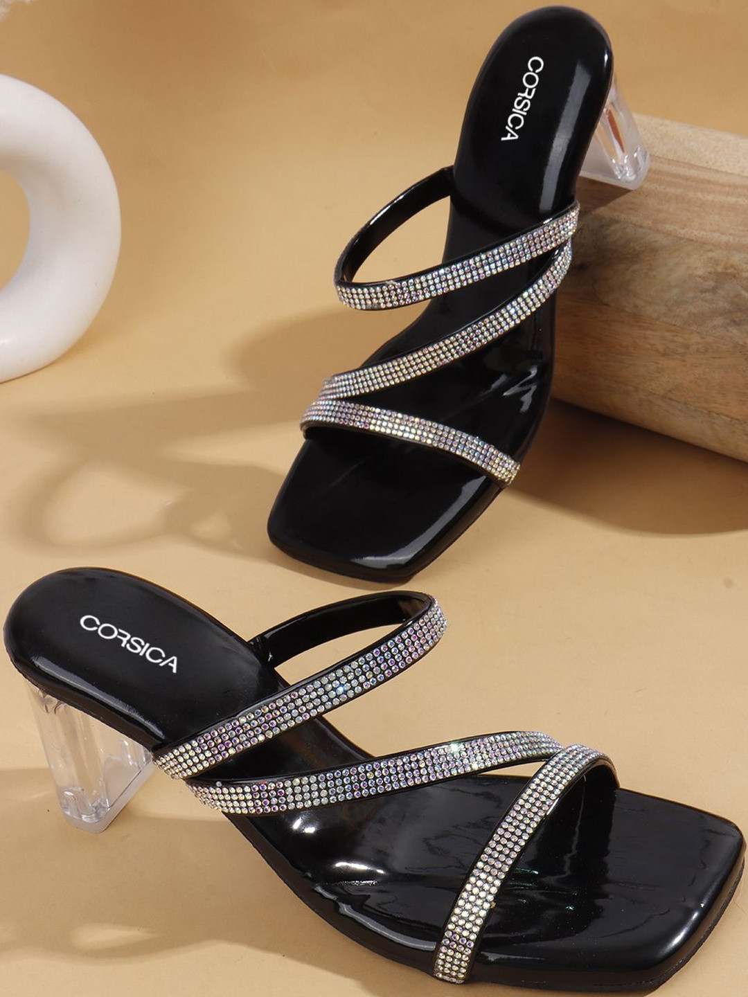 CORSICA Women Black Square Toe Western Embellished Square Toe Open Back Party Block Heels