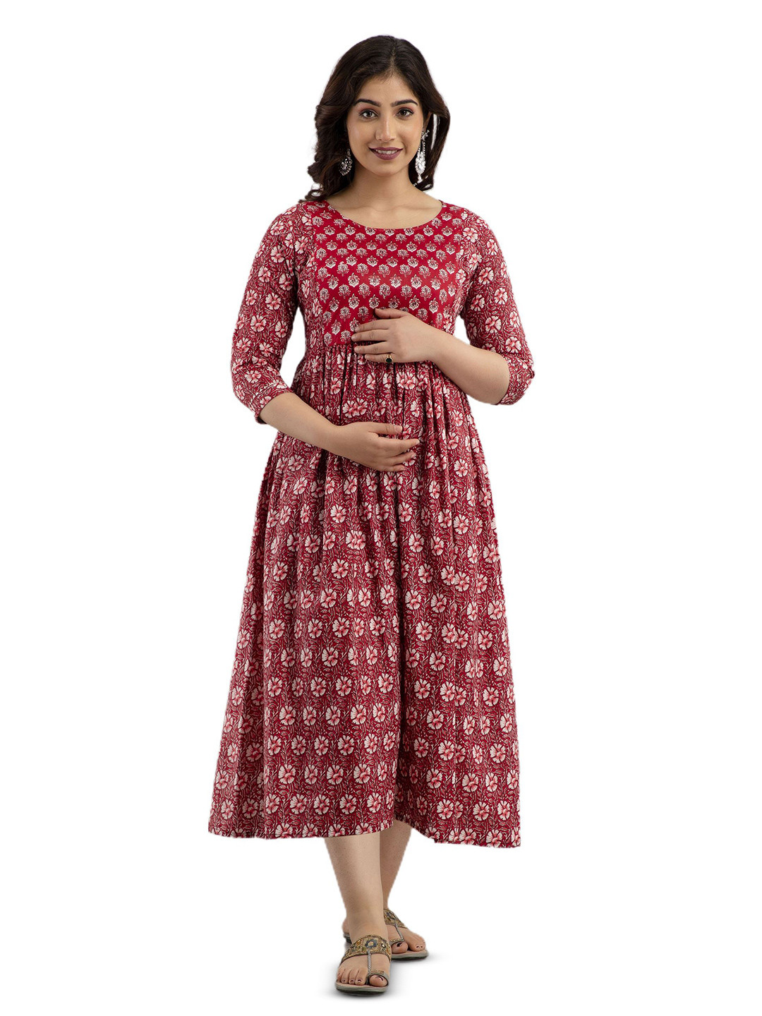 MAGHMA Women Ethnic Motifs Print Maternity Fit & Flare Midi Dress