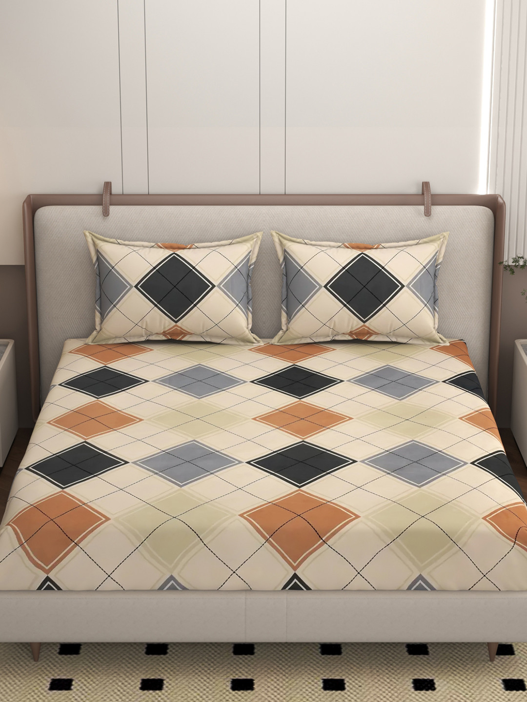 Homio  Clark Beige Printed Queen Bedsheet Set 1.9 m x 1.8 m