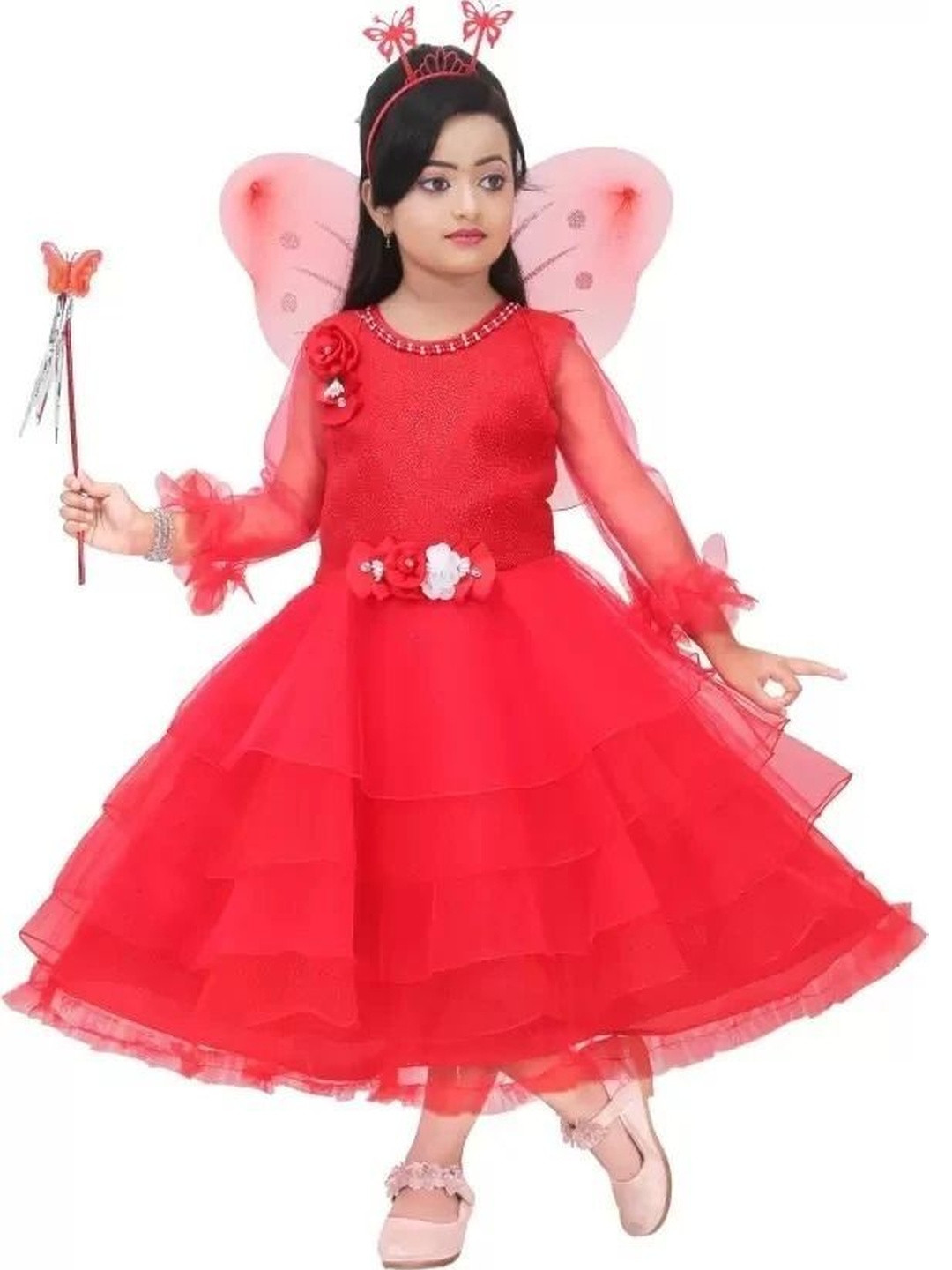 STUMBLE FASHION Girls Red Long Sleeves Solid Round Neck Fit and Flare Dress