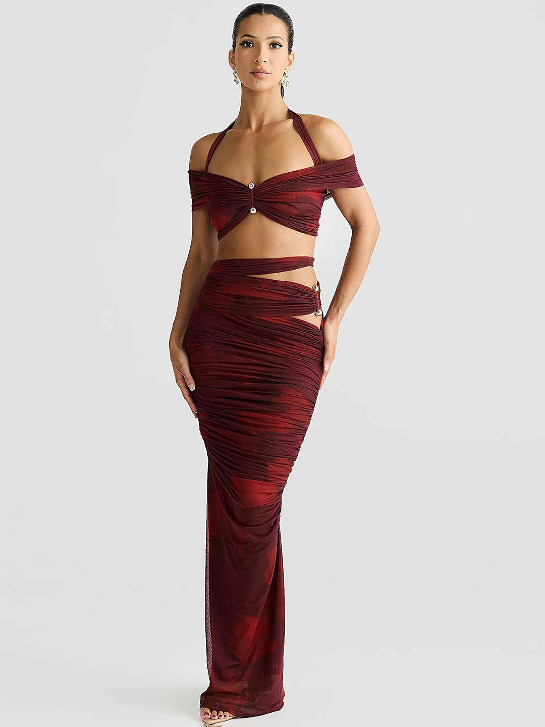 LULU & SKY Abstract Printed Halter Neck Ruched Cut-Out Crop-Top With Maxi Skirt Co-Ords