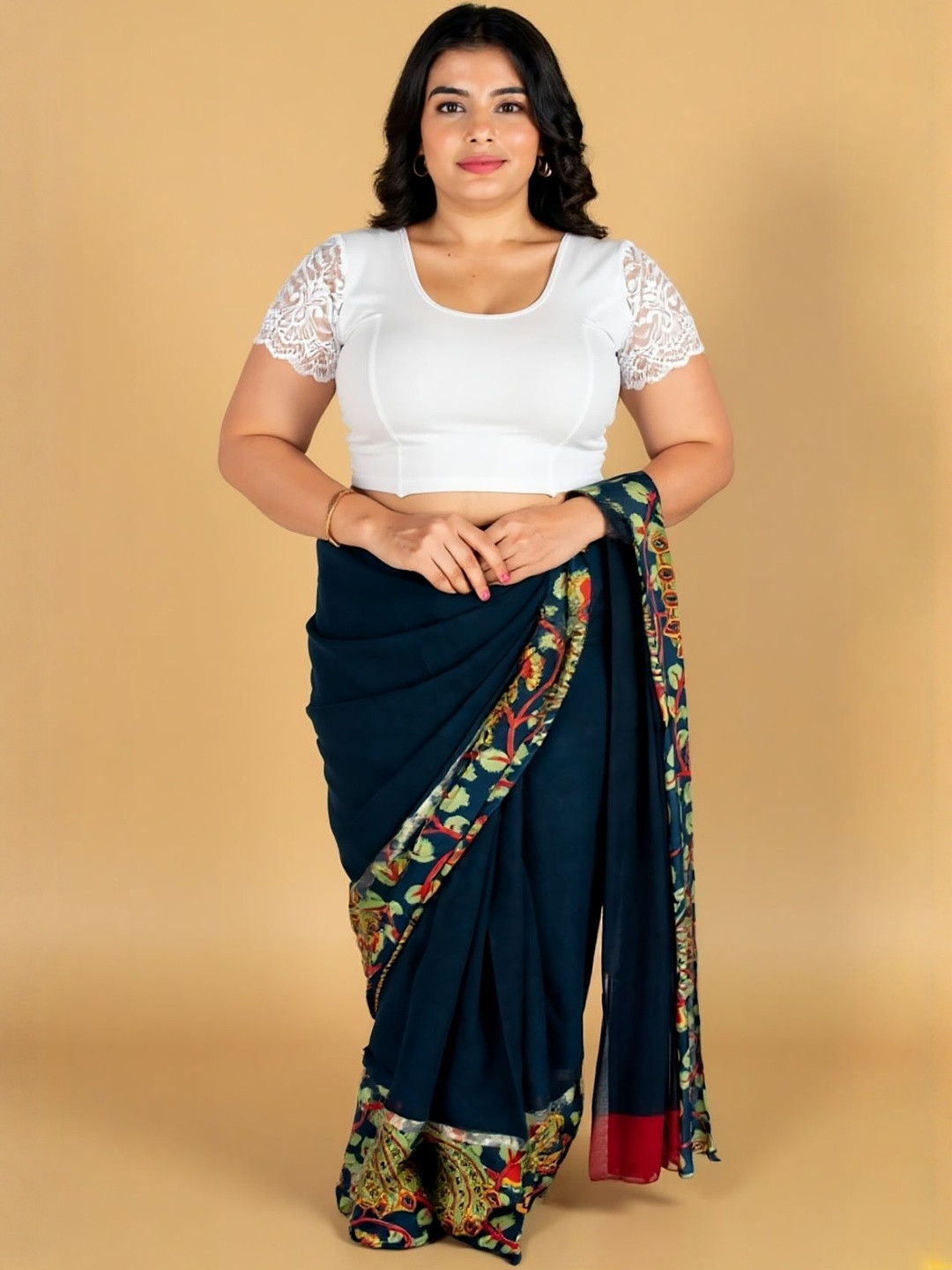 Abhi Women U Neck Solid Cotton Lycra Stretchable Half Sleeve Readymade Saree Blouse