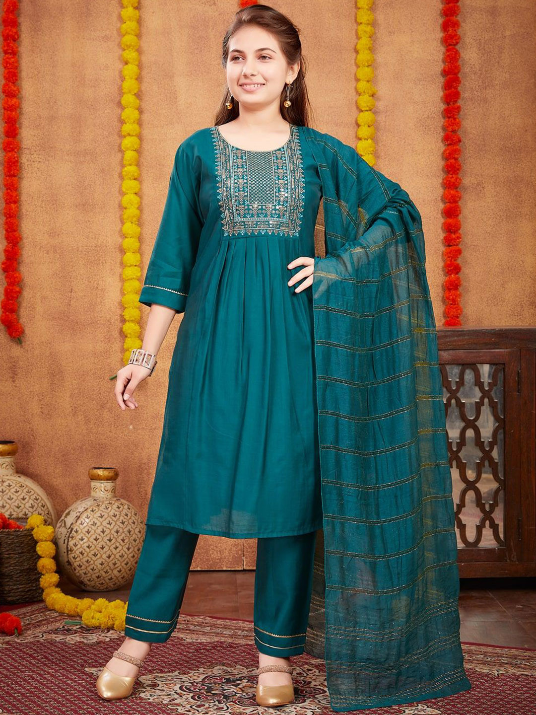 BAESD Girls Embroidered Sequin With Gota Work Art Silk Kurti Pant Set