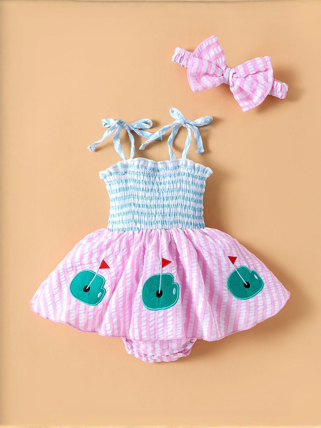 Hopscotch Girls Smocked Golf Course Onesie With Headband