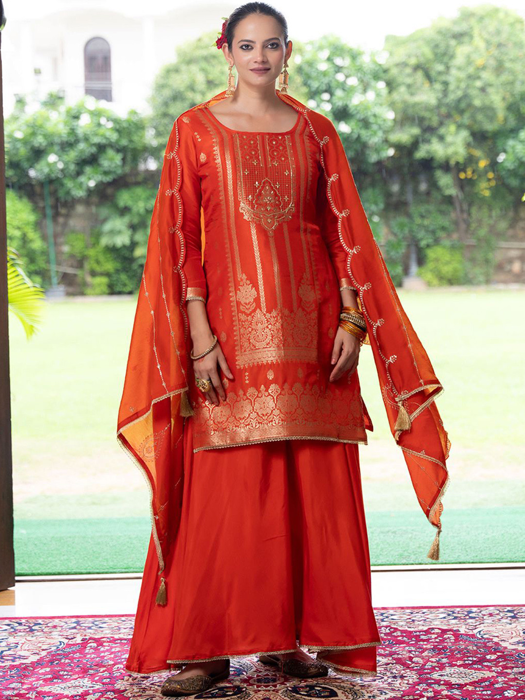 CHHAAP Women Embroidered Orange Ethnic Motifs Regular Kurta Palazzos & Dupatta Set