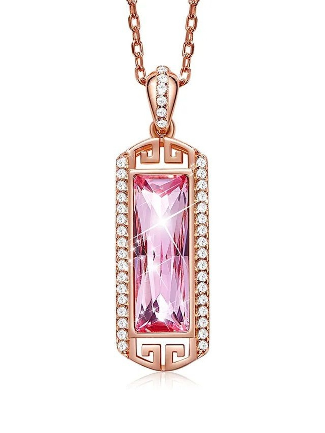 MYSTICFLAVIA Sterling Silver Rose Gold Plated Crystal Studded Rectangular Shaped Necklace