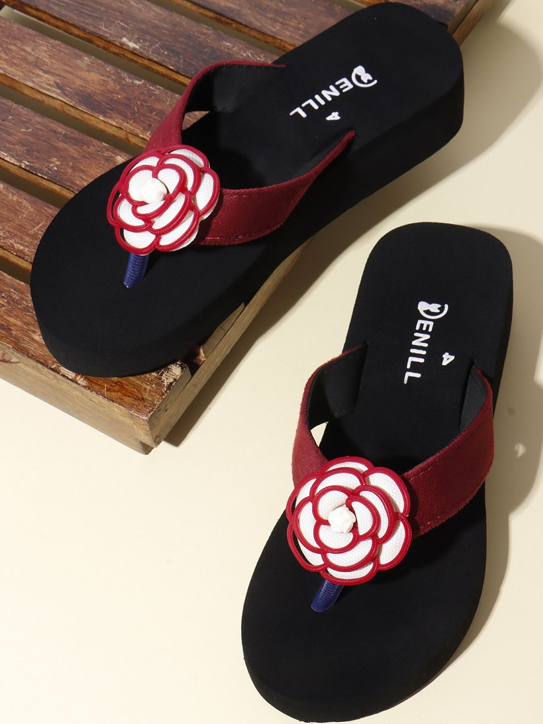 Denill Women Maroon Solid Synthetic Leather T-Strap Flats