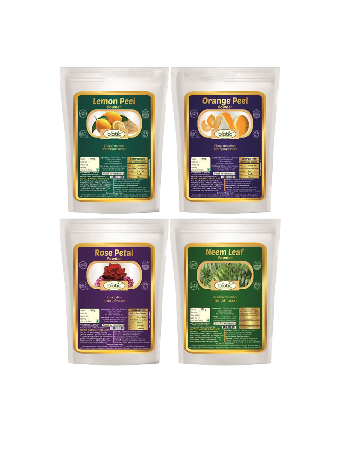Biotic Set Of 4 Lemon- Orange- Neem & Rose Powder Face Mask- 100 g Each