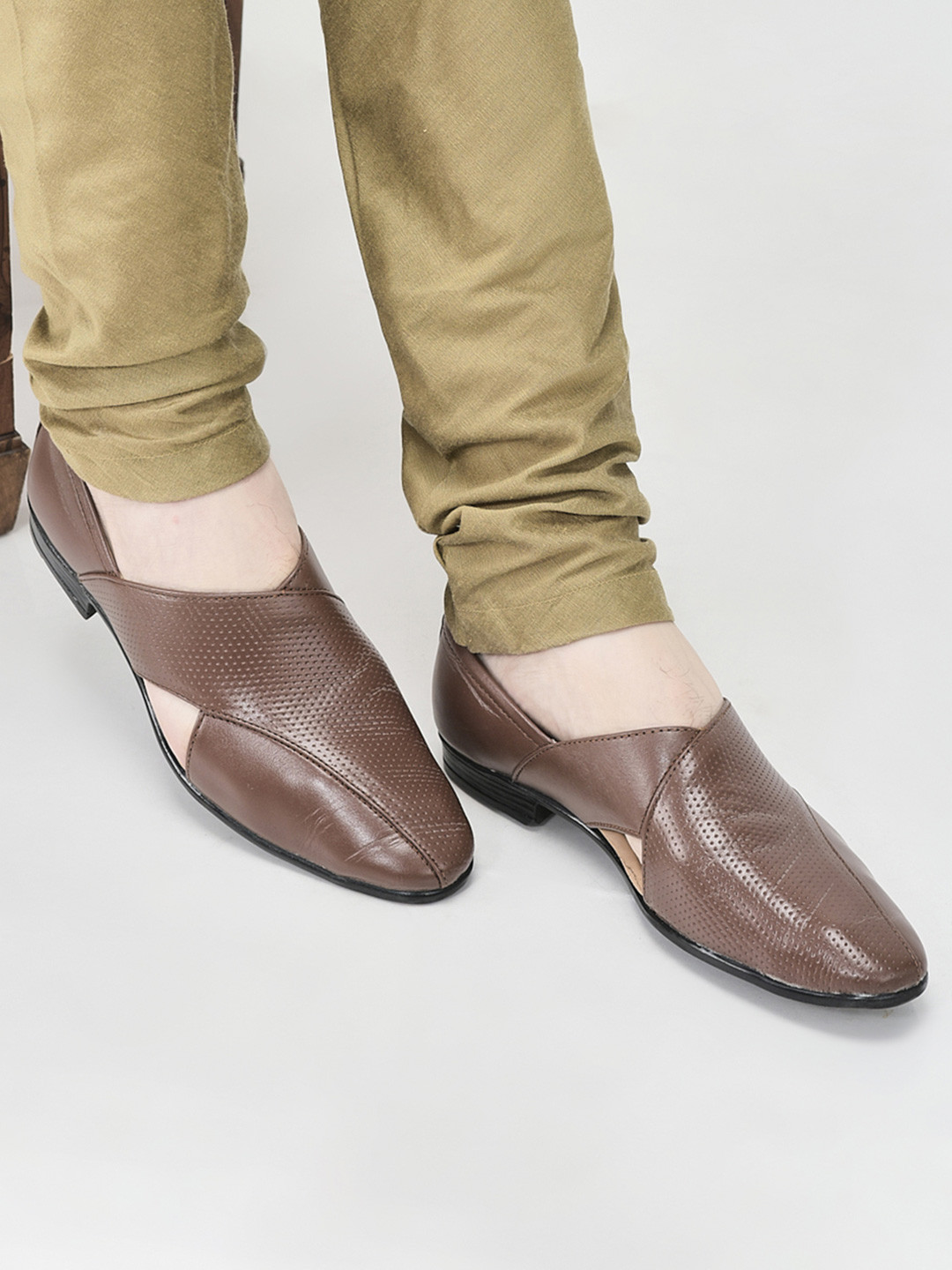 FAUSTO Men Brown Textured Formal Leather Slip-On Shoes