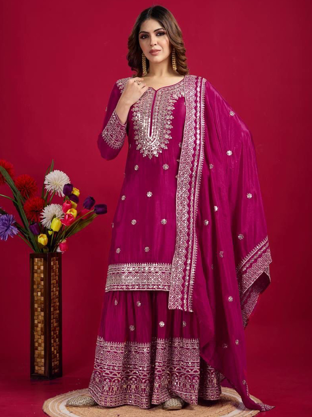 FVD Women Ethnic Motifs Embroidered Tiered Mirror Work Kurta & Sharar With Dupatta