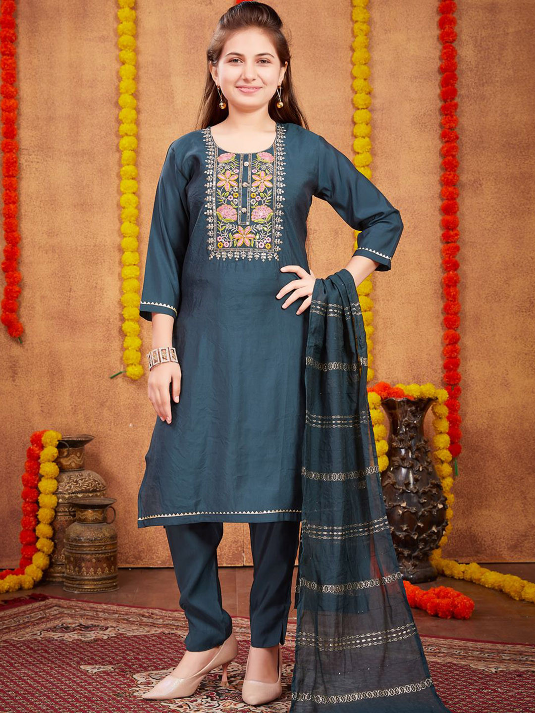 BAESD Girls Silk Blend Thread Work Kurta With Trousers & Dupatta