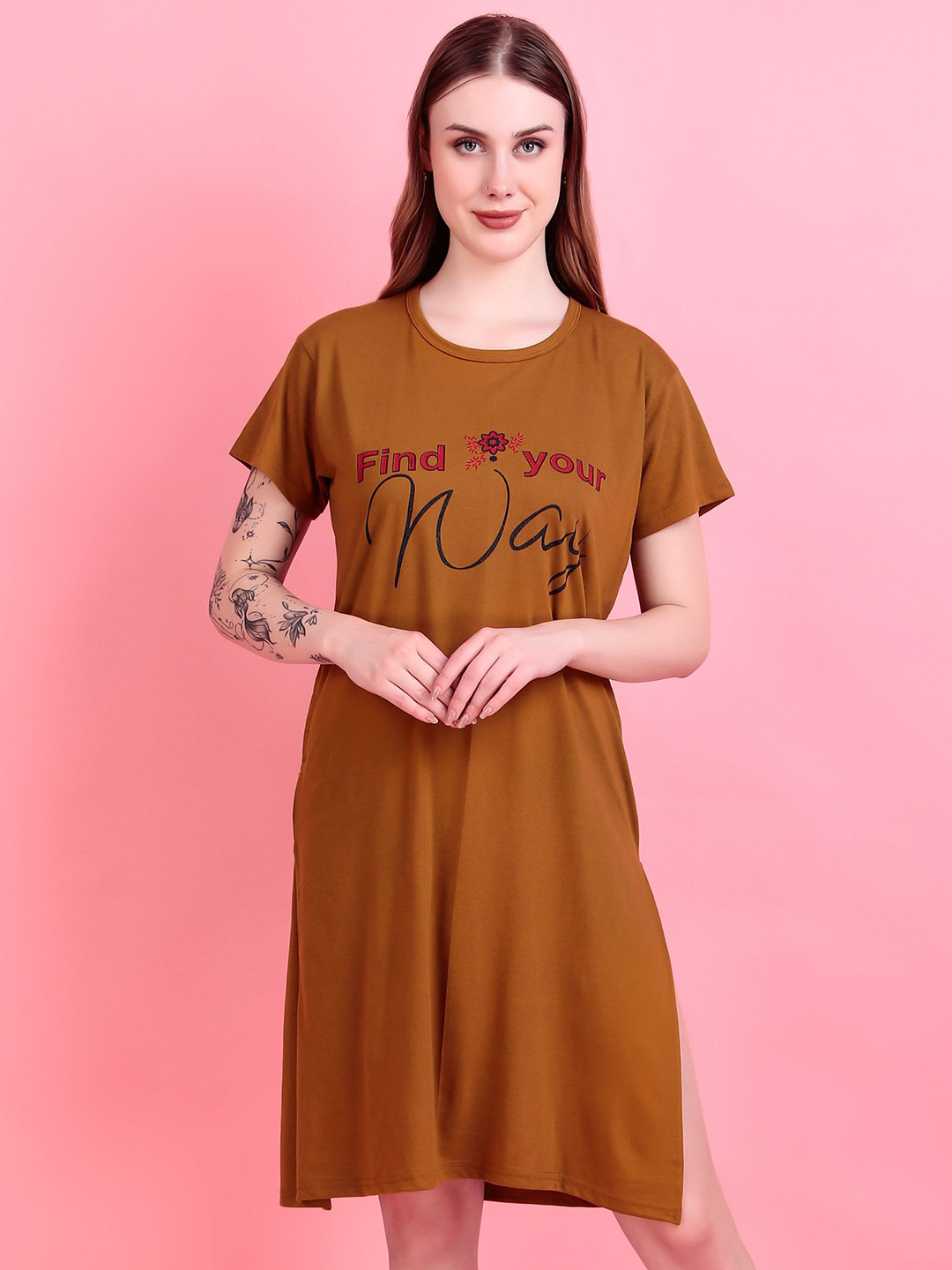 D-LINE Women Typography Printed Cotton T-shirt Nightdress
