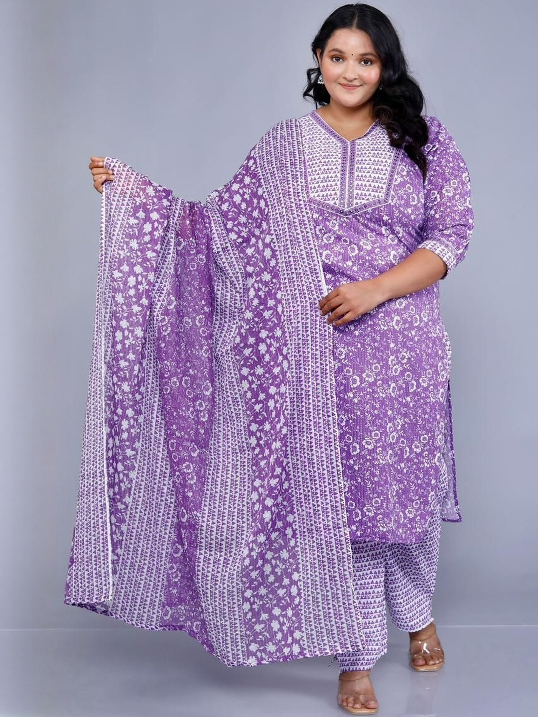 Jyoti Women Purple & White Floral Printed V-Neck Cotton Kurta With Trouser & Dupatta