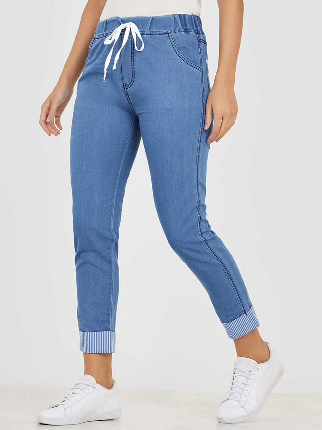 Miss Chase Women High Rise Cropped Striped Denim Joggers